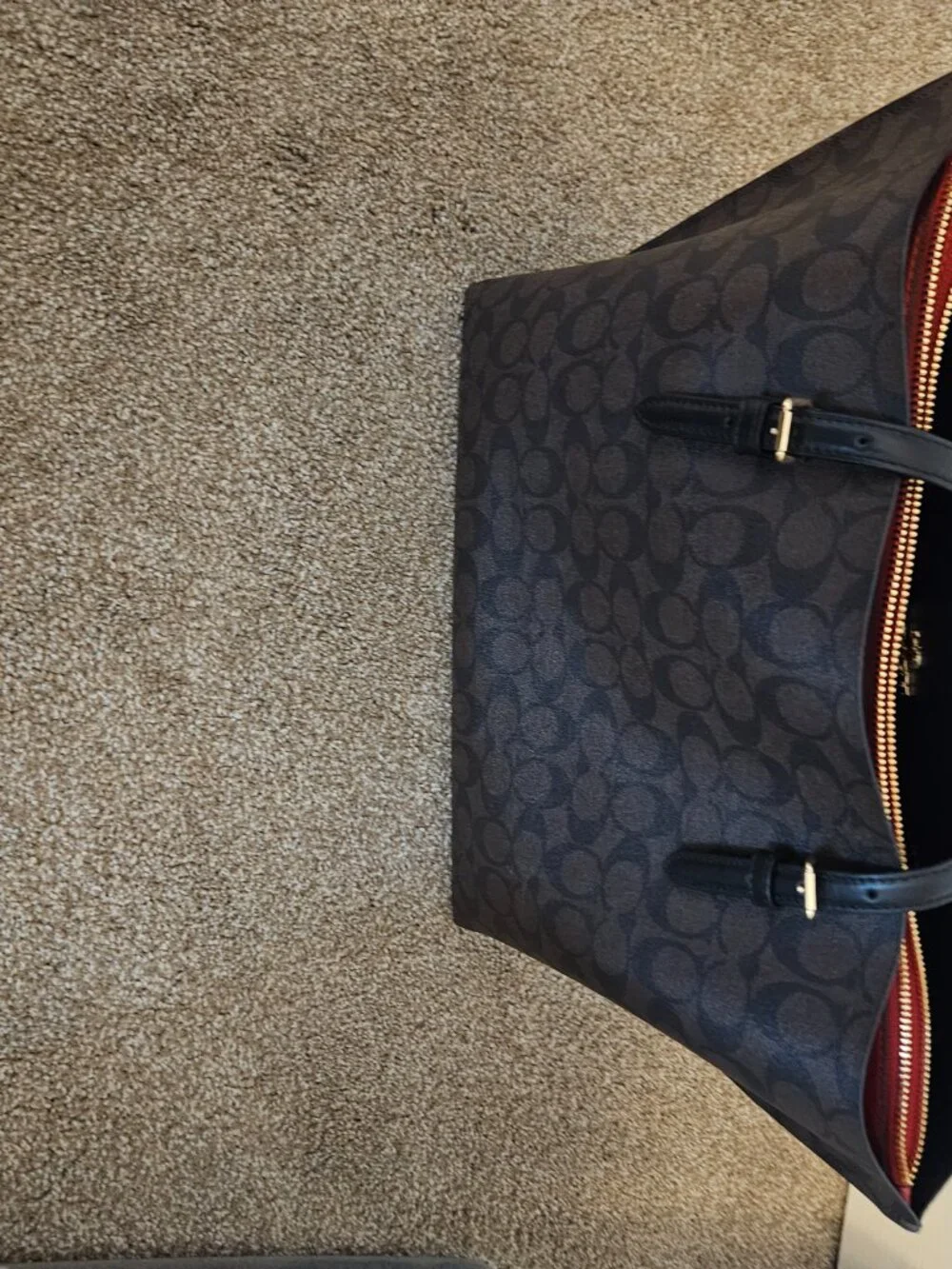 Coach Mollie Tote Bag in Signature Canvas Black Smoke & Red